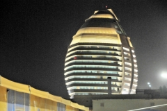 Corinthia Hotel Khartoum was built by Mo Mar Gaddafi of Libya in 2008. The locals refer to it as Gadaffi's Egg. The hotel has 173 rooms, 57 suites, It is listed as a 5 star hotel. The hotel was designed to look like a ships sail. At night it is beautifully lighted.