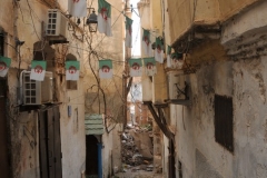 The flag of Algeria in a series is across the walk way.  Efforts are being made to rehabilitate the Casbah but as you can see from the damage it is very much into decay.