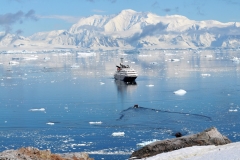 Zodiacs shuttling passengers back and forth to the ship. The ship appears is so small in this large bay.