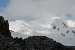See the penguins on the ridge with beautiful mountains in the rear of the photo.