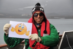 One of the crew with an emoji smiling having some fun on our last trip ashore.. As you can see it was very cold this day.