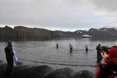 At the water level of my waist I dove under and swam 4 strokes. The cold was so severe I could not swim another stroke, stood up and walked back out.