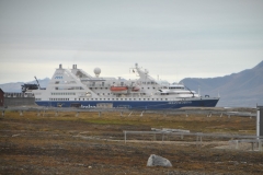 Our ship the Diamond Ocean docked with tundra in the foreground.  Obviously the air temperature was a cold day and in August too.