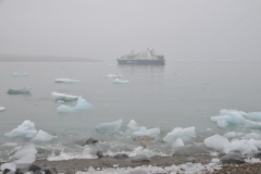 Ocean Diamond ship in the morning mist with ice present in the foreground.