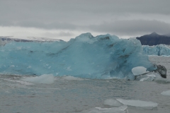 Beautiful blue ice, broken off from the glacier, under the gray colored sky is awesome to see up close.
