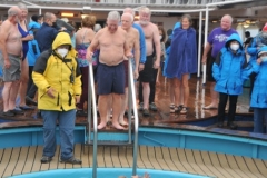 The air temperature was freezing.  They filled the pool with ocean water around  25 degrees, and lifted ice into the pool at the aft of the ship. That is me standing there ready to jump into that freezing water.