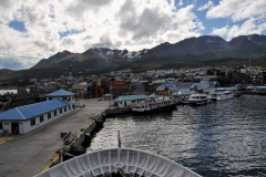 View from the stateroom overlooking the bow of the ship departing Ushuaia.