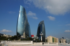 Another view of the Flame Towers with the sky reflecting on the buildings. At night they are lighted digitally.