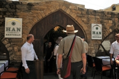 Entering a local well known restaurant Han Restaurant in the old town. Caravanserai of the 12th century, that was considered the"hotel"of the 12th century, which caravans, passing along the Silk Way, were resting.There are 2 entrances, one from the Caspian Sea and the other from the"Old City".