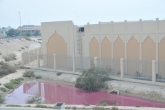 Look at the red liquid in front of the building