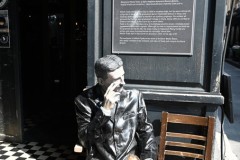 There is a statue of Nikola Tesla in Sarajevo, located in front of the Tesla Pub in the historic Stari Grad, Old Town, area. The natural-sized sculpture depicts Tesla sitting in thought, with a light bulb in his lap. 