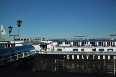Our river ship tied up along a dock.