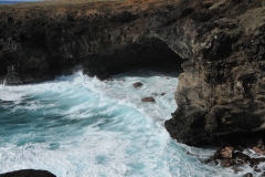 Ana Kai Tangata  cave on the coast is quite steep to get down to. The sea is very rough bashing up against the cliffs. The entrance to the cave is quite big and opens up to the sea.  The top of the cave is very high but I don’t think it would have offered much shelter to its occupants as it is open to the elements.