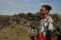 Our local guide Tongariki. According to oral tradition, the first king of the island, the legendary ariki Hotu Matu’a was buried in this place. His sons moved him from the top of the Rano Kau volcano, where he had his final resting place, to Akahanga.