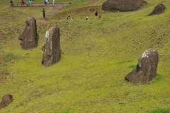 All moai were toppled in the 18th century, following a Rapa Nui civil war or other internal conflict. Like the moai above, most moai were deliberately pushed face-down. The hundreds of moai standing on Easter Island today were restored by historians, anthropologists, and archaeologists in the 20th century.