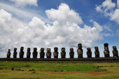 All fifteen standing moai at Ahu Tongariki.