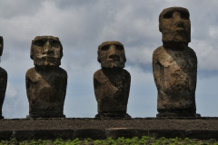 The word "ahu" has two meanings in Easter Island culture. First, an ahu is the flat mound or stone pedestal upon which the moai stand. The ahus are, on average, about four feet high. The word 'ahu' also signifies a sacred ceremonial site where several moai stand.