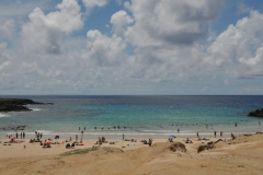 Anakena, which is the main beach on Easter Island, represents the typical picture that we all have when we think of a paradisiacal beach. Its white and fine coral sand, crystalline turquoise sea, calm waves and coconut palms (brought from Tahiti several decades ago) make it an ideal place for rest and leisure. We stopped here and I went swimming for about 45 minutes.