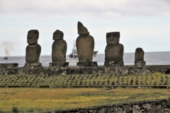 View of the Ahu Vai Uri with its variety of moai statues  The Ahu Vai Uri, whose name could be translated as dark water or green water, is the platform with the largest number of erected statues. Its construction dates from 1200 AD. and its five restored moai are a sample of the different styles of how they were carved