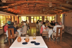 Dining room at Restaurant Tematico.  The restaurant has been open for 9 years now. They began by hosting  small groups into their family home and quickly grew into a larger operation.  The small ranch is an agro-ecological farm with animals, trees, flowers,  and nature and culture. It is located in Senderos de Coyo 8 miles from San Pedro de Atacama.
