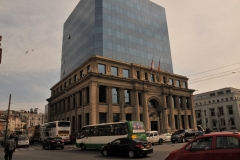 Instead of tearing down old buildings the city has rebuilt from inside the shell of the building a brand new building saving the outside of the original building historically.