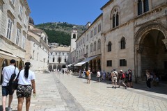 In the distance of the walk way is the Sponza Palace. The rectangular building with an inner courtyard was built in a mixed Gothic and Renaissance style between 1516 and 1522. The palace has served a variety of public functions, It survived the 1667 earthquake without damage. The palace's atrium served as a trading center and business meeting place.including as a customs office and bonded warehouse, mint, armory, treasury, bank and school. It became the cultural center of the Republic of Ragusa.