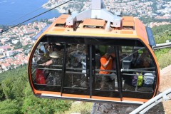 Close up look of the inside of the cable car packed always. 