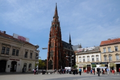 The Church of St Peter and St Paul, the co-cathedral of the Roman Catholic Archdiocese of Đakovo-Osijek. The multi-tiered 270 foot spire is one of the city's landmarks.