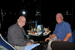 Bill traveling on the OAT trip and Jim dining at the Sky View Lounge. Note you must have a reservation ahead of arrival at the hotel Gate at the bridge. You must have confirmation number and date with you. Per person 1 drink, 2 beers and an order of Sliders.. 3 small burgers $175.00 per person. Each dining room and lounge have minimum you must spend or they will still charge you. View Incredible!!! Dining room dinners average per person over $250 per person