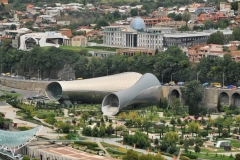 Modern design Concert Hall in Rike park below the  Presidential Palace of Georgia Tbilisi, Georgia. The distinctive funneled form was conceived as ‘a periscope to the city’, framing views of the river. inside, the two volumes house a Music Theater and Exhibition Hall.
