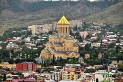 The Holy Trinity Cathedral of Tbilisi commonly known as Sameba is the main cathedral of the Georgian Orthodox Church located in Tbilisi, the capital of Georgia. Constructed between 1995 and 2004, it is the third-tallest Eastern Orthodox cathedral in the world and one of the largest religious buildings in the world by total area. Sameba is a synthesis of traditional styles dominating the Georgian church architecture at various stages in history and has some Byzantine undertones.