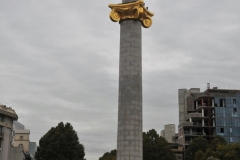 The Freedom Monument, commonly known as the St. George Statue, is a memorial located in Tbilisi, Georgia, dedicated to the freedom and independence of the Georgian nation. Unveiled in 2006 in Tbilisi's central square, the monument of granite and gold is 105 feeet high and is easily spotted from any point of the city