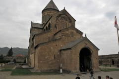The Svetitskhoveli Cathedral is an Eastern Orthodox cathedral located in the historic town of Mtskheta, Georgia, to the northwest of the Georgian capital Tbilisi. A masterpiece of the Early Middle Ages, Svetitskhoveli is recognized by UNESCO as a World Heritage Site. It is currently the second largest church building in Georgia, after the Holy Trinity Cathedral.