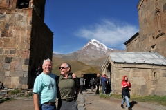 Myself and a friend I met on the trip Borus originally from Siberia enjoying the view at the Gergeti Church  and Mt. Kazbek in the  distance.