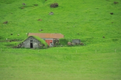 An old abandoned house with a roof of grass built into a hillside to get away from the continual winds and cold weather.