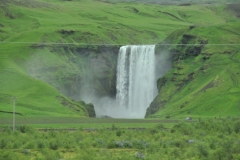 Skogafoss falls. Skogafoss is unique because the waterfall comes directly from two glaciers, Eyjafjallajokull and Myrdalsjokull.