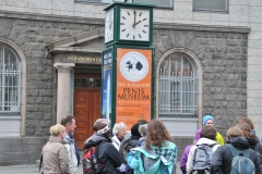 Ironically the clock has advertising below for a  Penis Museum. Yes you read that right. The building behind Heraosdomur is the District Courthouse. Interesting advertising in front of it.