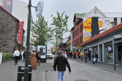 Street view going up the hill away from the Courthouse toward the Iconic Church Hallgrímskirkja Church .