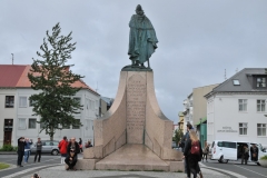 The back of the Statue of Leif Eiricsson.  Ironically the white building to the left there is a restaurant called Loki, which means in Icelandic, the God of Mischief. They make the best Fish Stew that I have had anywhere in the world. I had two dinners it was so good.