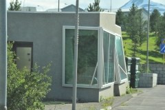We are now in Akureyri.  This building has some strange architectural features. It appears the building is shifting and it was designed this way to have this appearance.
