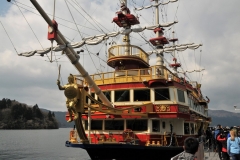 Lake Ashinoko which can be toured by Hakone Sightseeing and Izuhakone Sightseeing operating Pirate shaped boats on a 30 minute cruise from one end of the lake Ashinoko to the other.