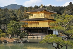 Kiinkakuji Temple - (Golden Pavilion) The building is 3 stories on the grounds of the Roukun-ji Temple complex. The top two stories are covered with pure gold leaf.