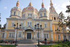 The side entrance to The Ascension Cathedral, also known as Zenkov Cathedral, in Almaty Kazakhstan , is a Russian Orthodox cathedral located in Panfilov Park. Completed in 1907, the cathedral is made out of wood but without nails. Its height is 168 feet tall, and is claimed to be the second tallest wooden building in the world.