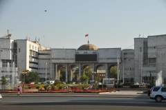 The city of Bishkek is the capital and largest city of Kyrgyzstan. Bishkek is located at about 2,400 feet above sea level, on the northern slope of the Tien Shan Mountains. The nearby mountains provide a spectacular backdrop to the city. Photo is of Ala_Too-Square across the square from the National Museum of Kyrgyzstan.
