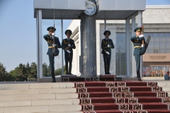 The former guard now coming down the steps leaving the new guard in the guard house.