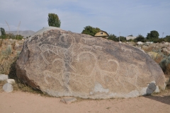 Unique size images of mountain goats depicted on a stone board in local animal style. Majestic figures of animals emphasize their importance.