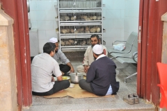 Time for lunch. Notice the birds in the cages behind the men