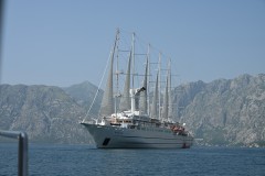 Wind Surf is a five-mast staysail schooner that is one of the largest sailing cruise ships in the world, with two electric propulsion motors powered by four diesel electric generating sets also. It is part of the Wind Star Cruises and was in Kotor Bay when we visited. 
