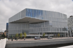 View of the exterior of the library across the street from the Opera House at the Harbor.