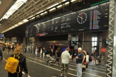 View of schedules for the Central Subway station with trains leaving for all over the city.
